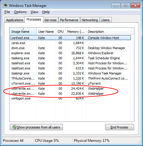 Scroll through the list of processes in the Task Manager window and look for uTorrent Helper.exe.
Click on uTorrent Helper.exe to select it.