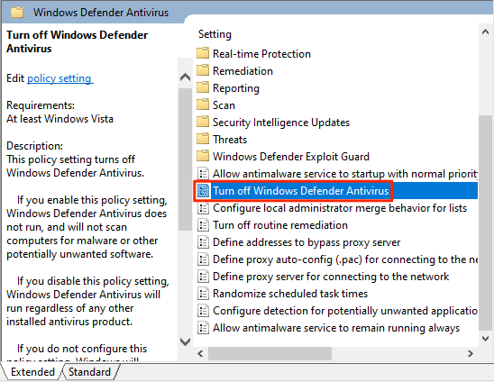 Select Enabled to turn off Windows Defender Antivirus.
Click on Apply and then on OK.