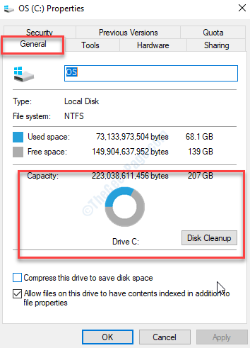 Select Properties from the context menu.
In the General tab, click on the Disk Cleanup button.