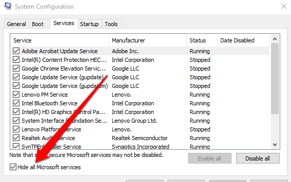 Select "Services" and check "Hide all Microsoft services"
Disable all remaining services and restart the computer
