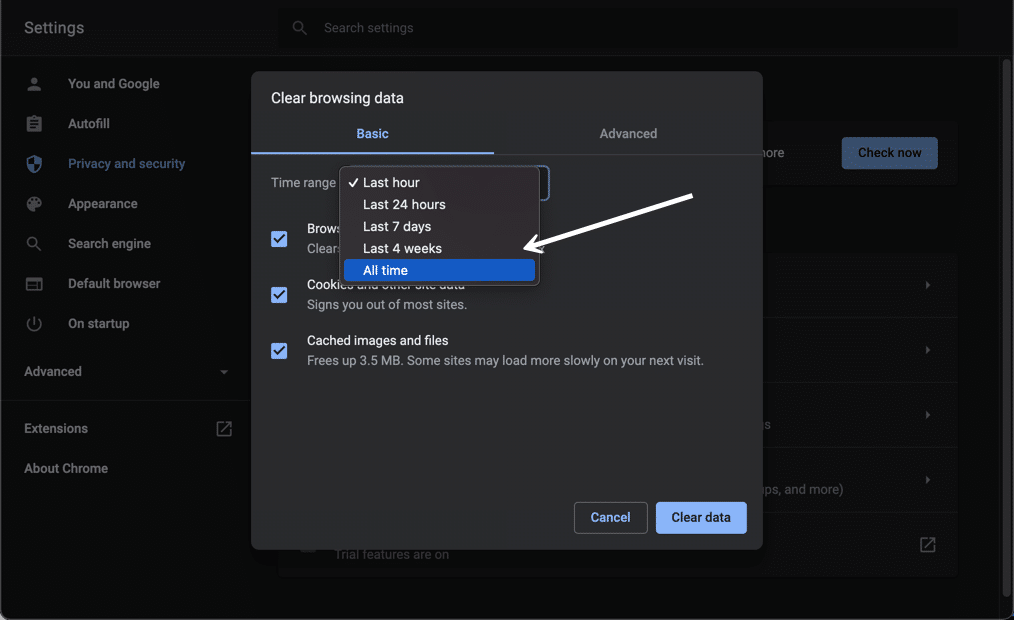 Select the appropriate time range (e.g., "Last hour" or "All time").
Check the box next to "Cache" or "Temporary files" and uncheck other options if not necessary.