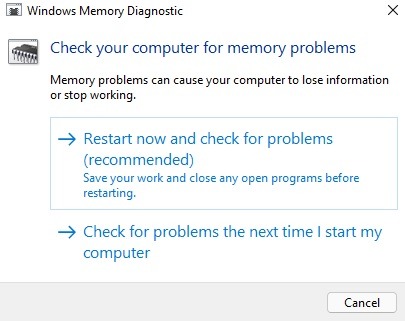 Select the option to Restart now and check for problems (recommended).
Wait for your computer to restart and the memory diagnostic tool to run.