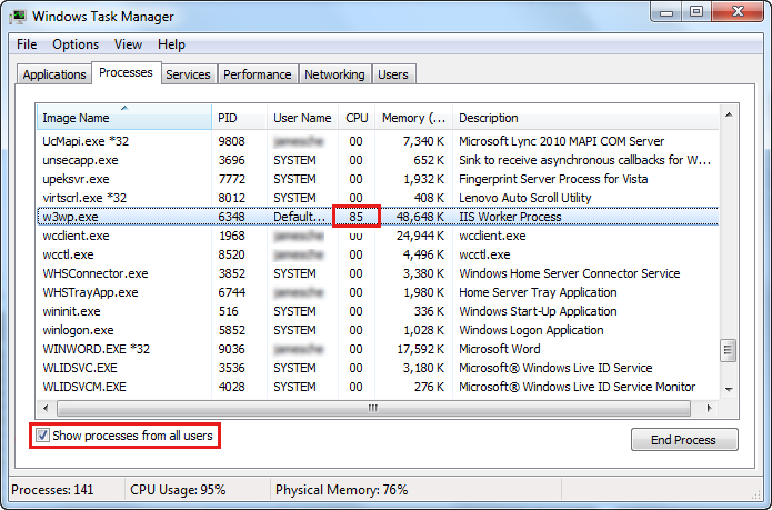 Select the Processes tab.
Identify any processes that are using high amounts of CPU or memory.