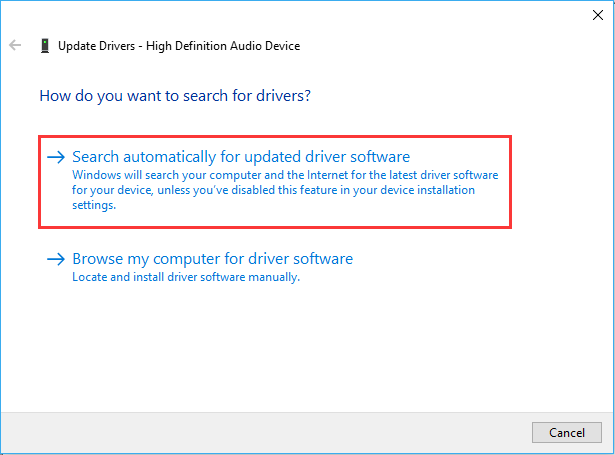 Select Update Driver
Select Search automatically for updated driver software