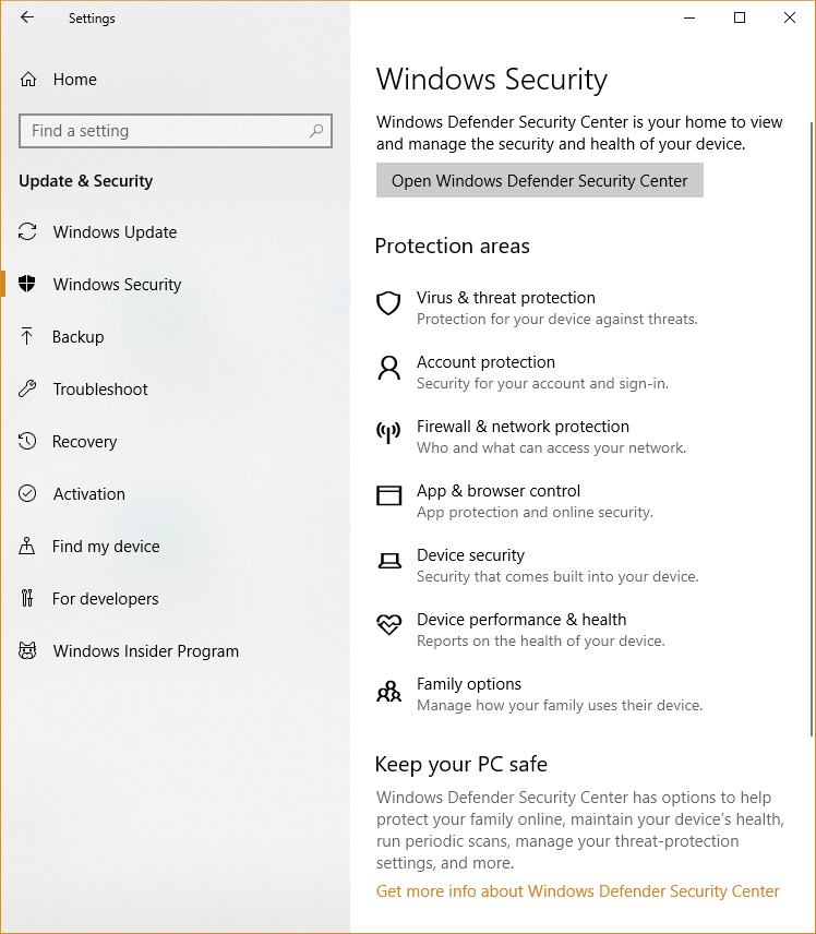Select Update & Security
Select Windows Security