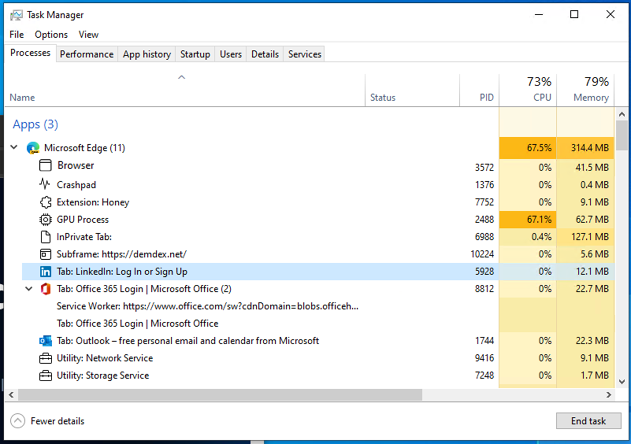 Task Manager with msedge.exe highlighted