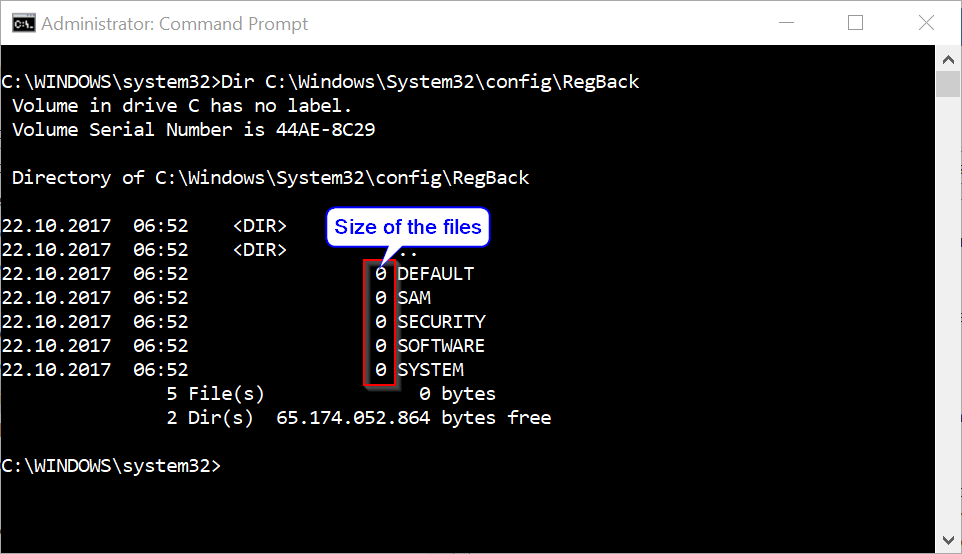 Type copy C:\Windows\System32\config\RegBack\* C:\Windows\System32\config and press Enter to restore the registry files.
Confirm if prompted to overwrite existing files.