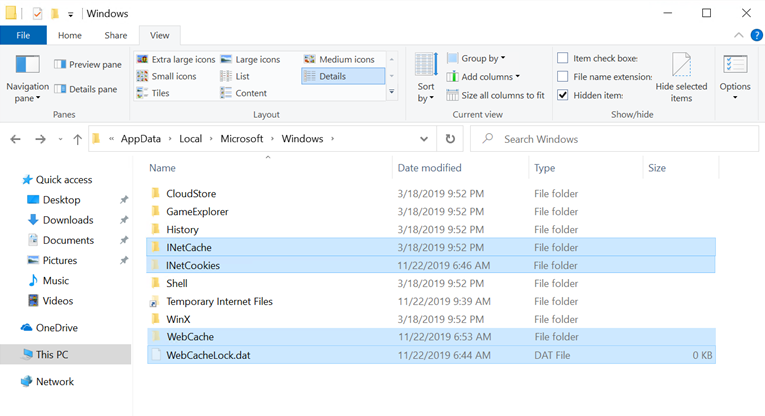 Type %localappdata%\Microsoft\Windows\INetCache and press Enter
Select all the files and folders in the INetCache folder