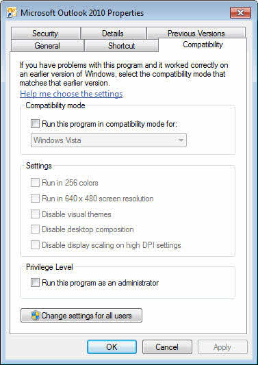 Uncheck the box that says "Run this program in compatibility mode for" if it is checked.
Click "Apply" and then "OK" to save the changes.