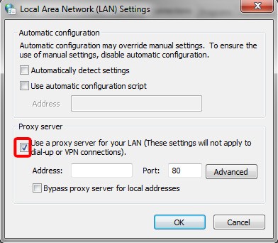 Uncheck the box that says Use a proxy server for your LAN.
Click OK to save the changes.