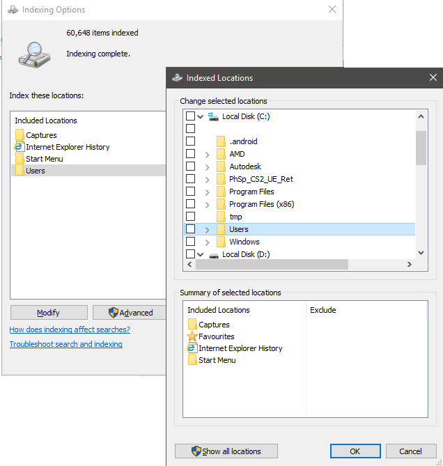 Under the "Local Disk (C:)" section, click on More storage settings.
Click on Indexing options.