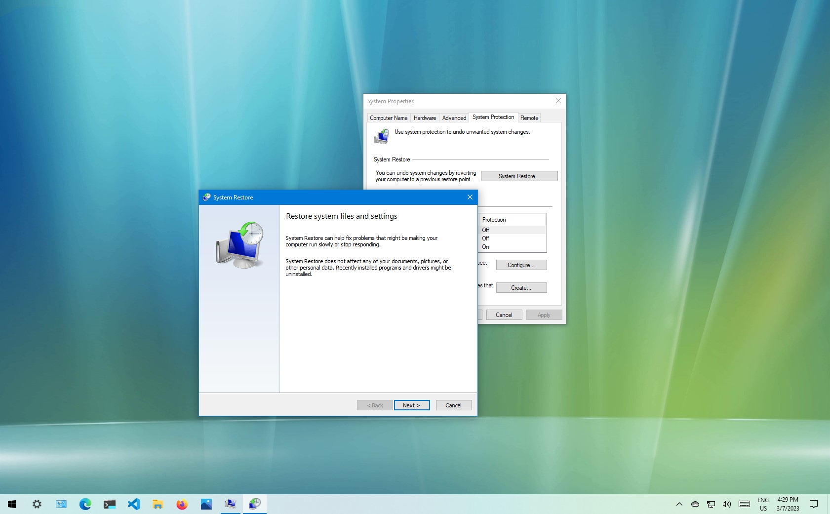 Use the Windows System Restore feature to revert your computer's settings to a previous point in time.
Select a restore point that was created before you started experiencing issues with the associated software.