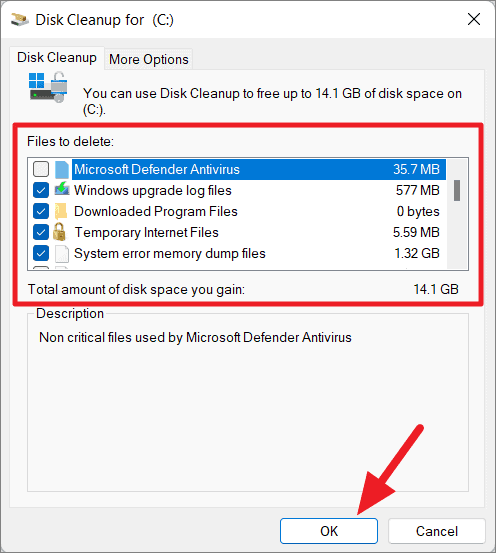 Wait for the system to calculate the amount of disk space you can free up.
Select the desired files to delete and click OK.