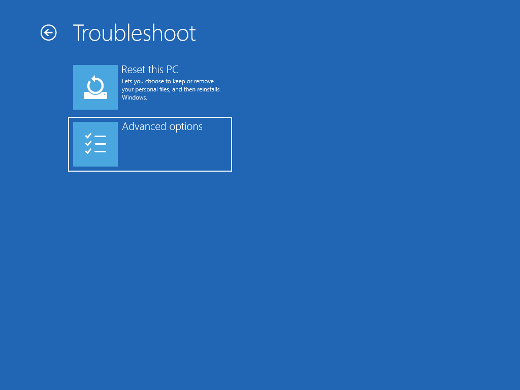 When the computer restarts, select Troubleshoot
Choose Reset this PC or Advanced options depending on your preference