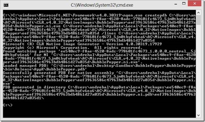 Windows command prompt with the ngen.exe command displayed.