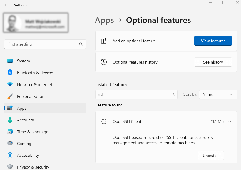 Windows optional features menu
