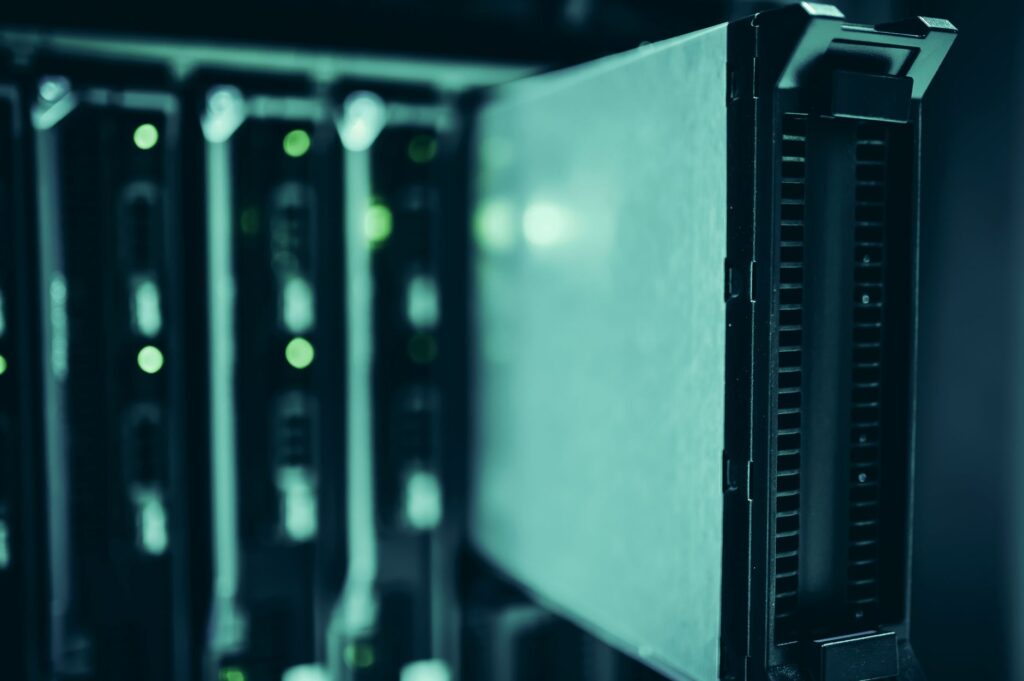 A close-up of blade servers in a data center rack