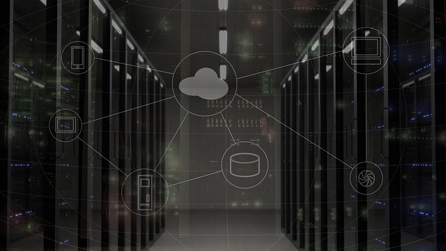 Server room with cloud computing and network graphic overlays