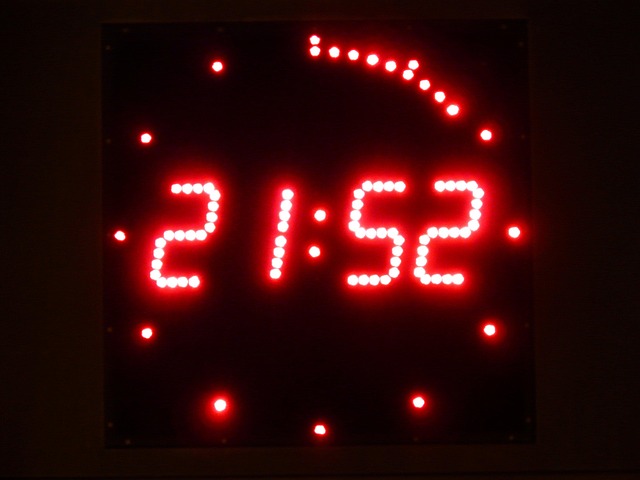 Digital clock displaying current time in Washington D.C. with a blurred city skyline in the background (washington dc time)