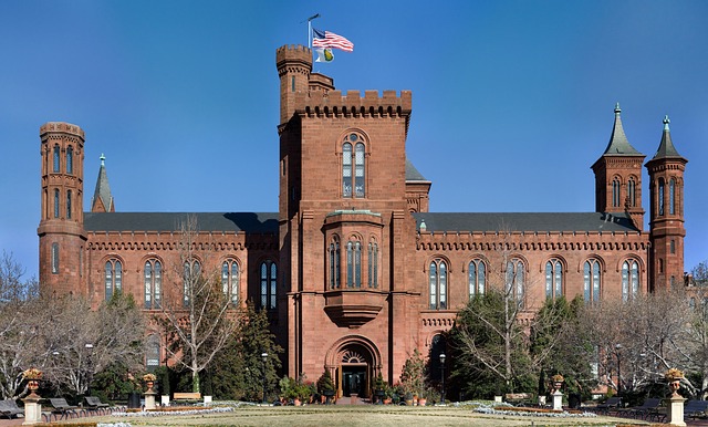 George Washington University campus iconic building with new banners displaying updated branding.
