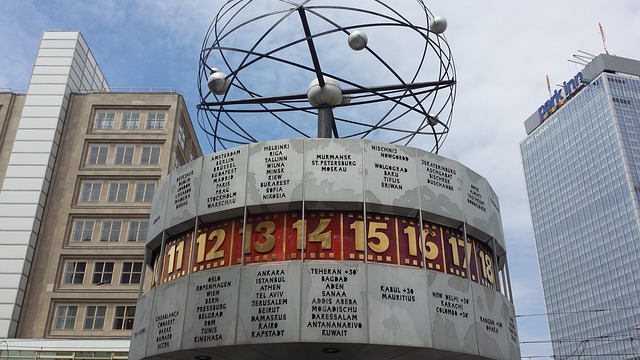 The World Time Clock in Berlin displaying various world time zones
