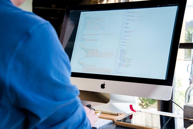A person working on a desktop computer displaying code