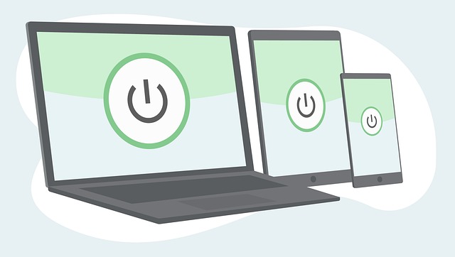 Laptop, tablet, and smartphone displaying power button icons