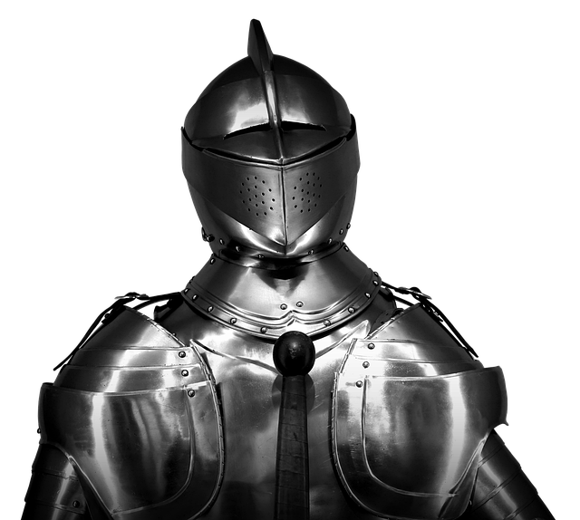 Upper torso and helmet of a suit of shiny metal armor