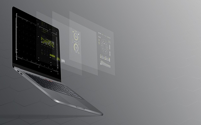 A laptop with data analysis UI panels floating beside it