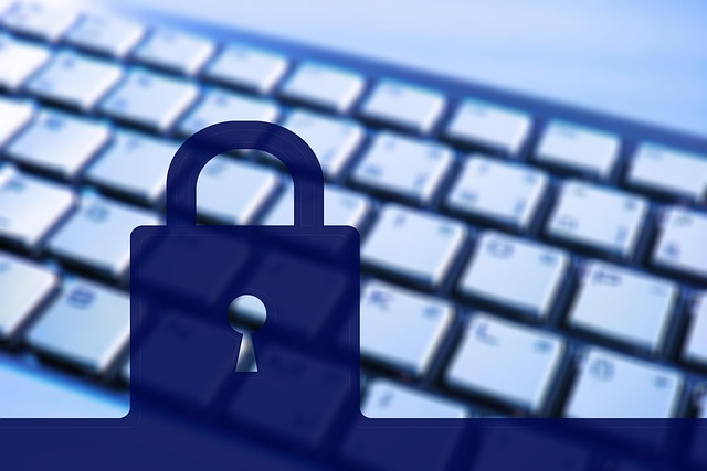 A blue padlock graphic overlaid on a computer keyboard