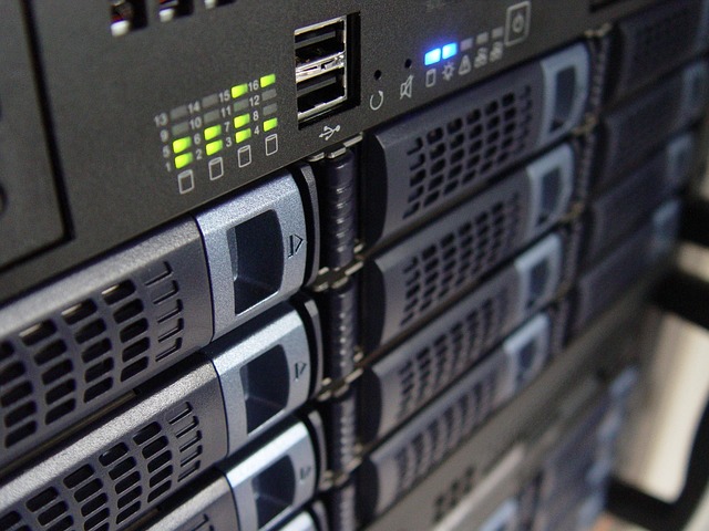 Close-up of server rack hardware with indicator lights