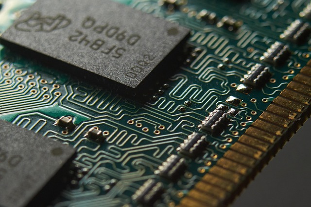 Close up of a computer memory circuit board with microchips