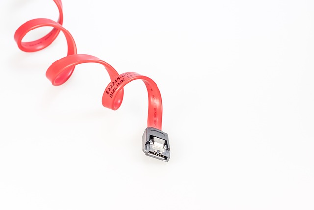 A coiled red SATA data cable with a black connector