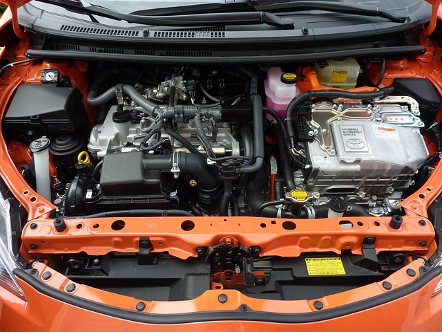 An open engine bay of a hybrid vehicle